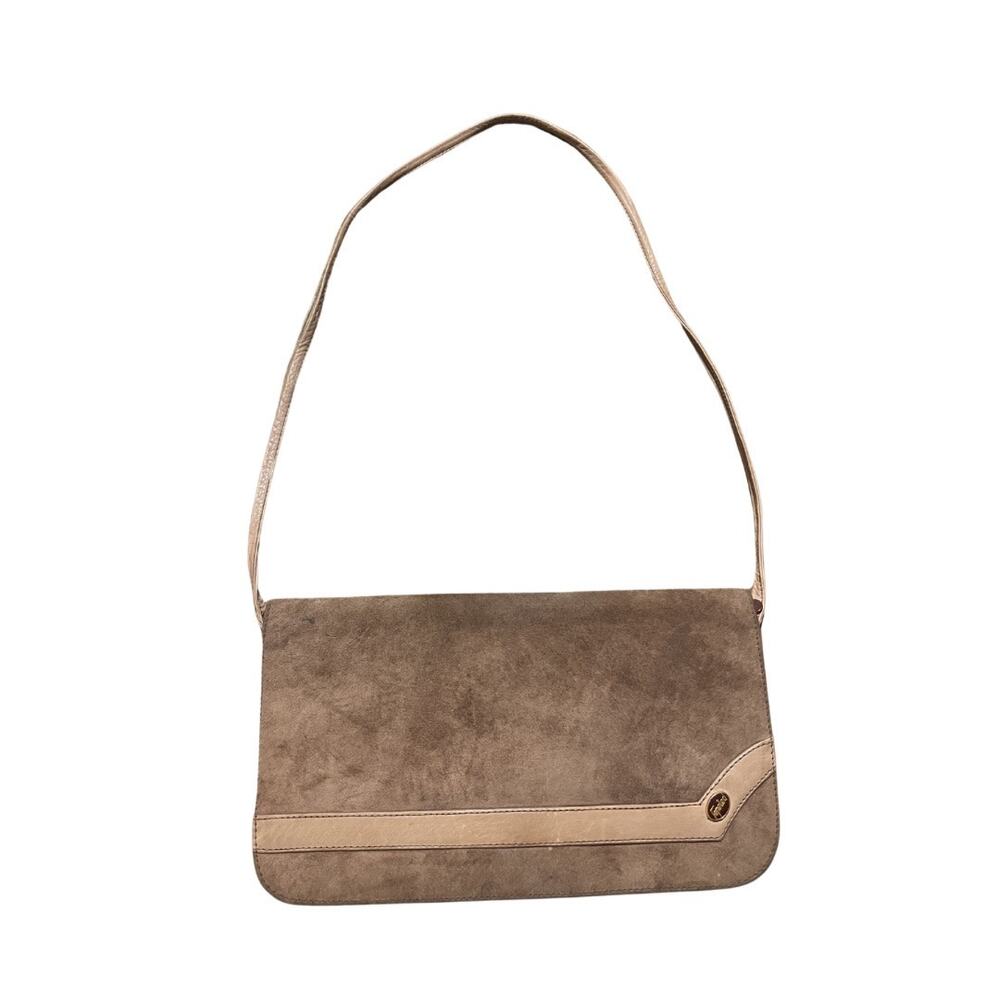 Vintage Rectangular Shoulder Bag Purse Taupe Suede Boho Chic Western Retro
